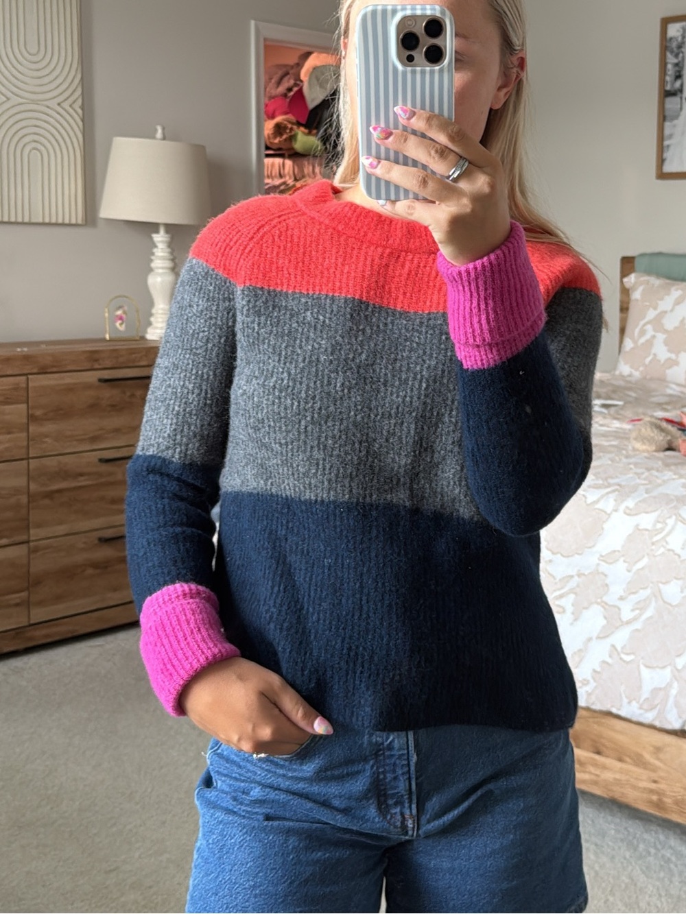 Banana Republic Colorblock Crewneck Sweater in Coral, Gray, Navy & Pink
